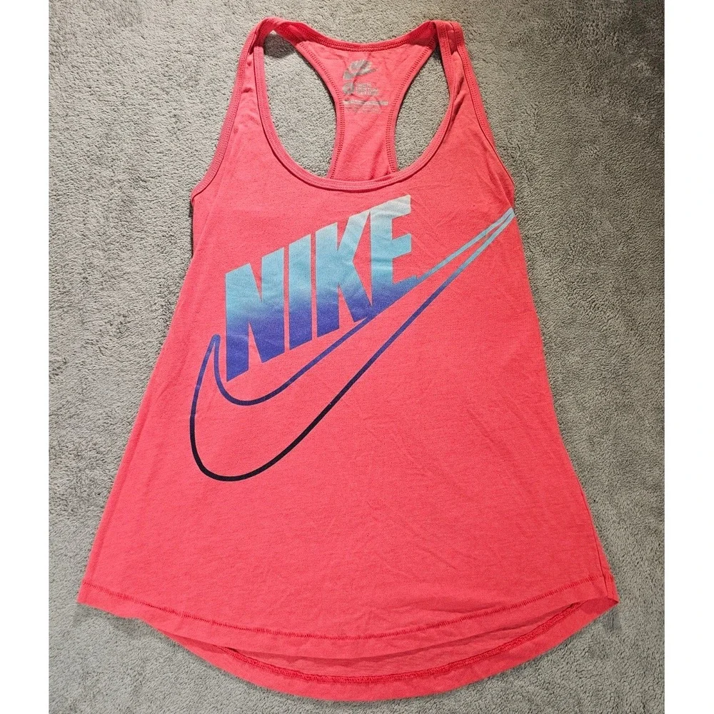 Nike Womens Loose Fit Racerback Tank Top Coral Pink Ombre Swoosh Logo Size S